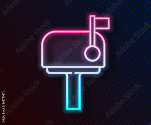 Glowing neon line Mail box icon isolated on black background. Mailbox icon. Mail postbox on pole with flag. Vector Illustration.