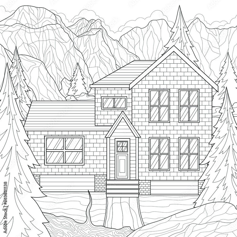 House among mountains and fir trees.Coloring book antistress for children and adults. Illustration isolated on white background.Zen-tangle style.
