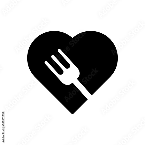 Comida sana. Cena romántica. Icono plano corazón con tenedor en color negro