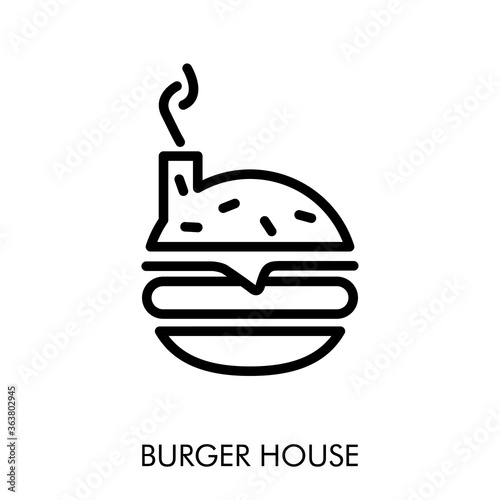 Concepto restaurante de comida rápida. Logo lineal texto Burger House con hamburguesa con chimenea en color negro