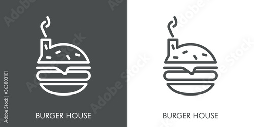 Concepto restaurante de comida rápida. Logo lineal texto Burger House con hamburguesa con chimenea en fondo gris y fondo blanco