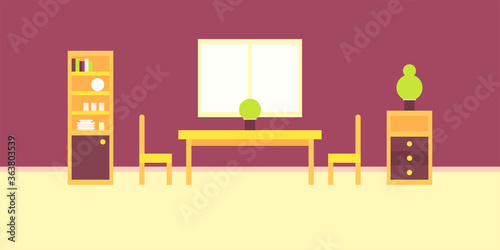 vector illustration, abstract minimalism interior, background, apartment, dining room, cupboard, plant, chair, table, chest of drawers