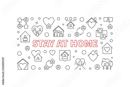 Stay at Home vector concept minimal horizontal banner or illustration in outline style