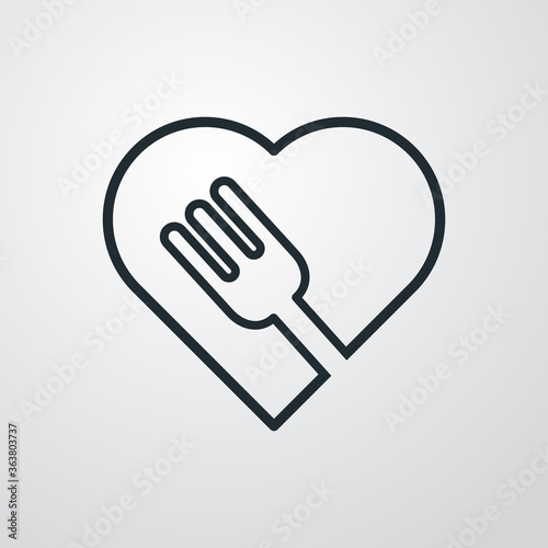 Comida sana. Cena romántica. Icono plano lineal corazón con tenedor en fondo gris