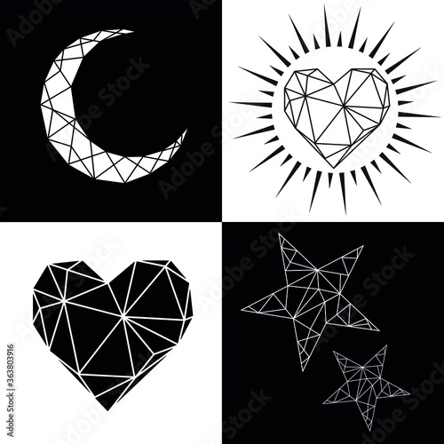 Vector abstract polygonal geometric abstract heart, star, brilliant rock, moon