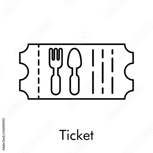 Icono plano lineal ticket de comida con cubiertos en color negro