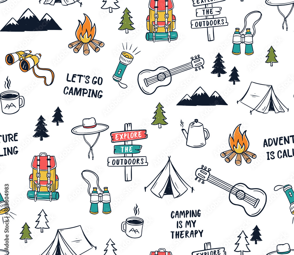 Hand drawn camping elements seamless pattern. Camping background
