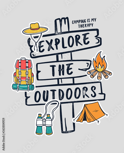 Hand drawn camping elements. Camping theme badges, slogans. Vector illustrations.