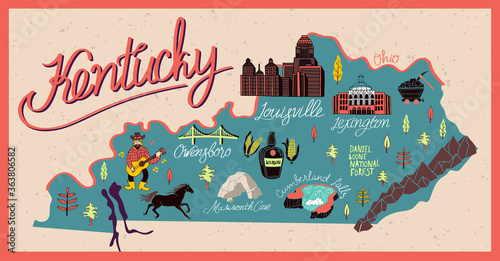 Illustrated map of  Kentucky state, USA. Travel and attractions. Souvenir print