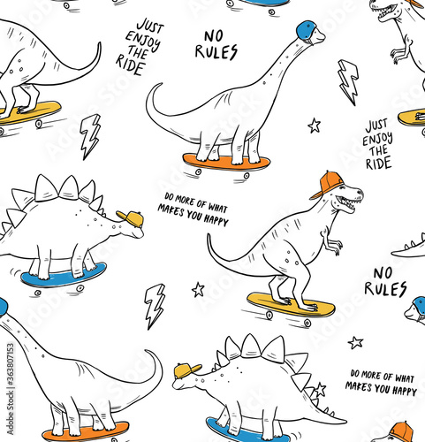 Ready to skate slogan text with dinosaur cartoons. Vector graphic for t-shirt prints and other uses.
