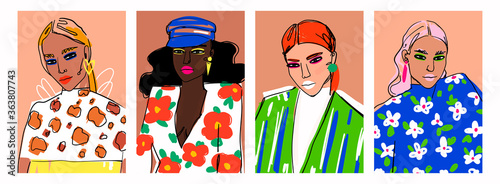 Set of four Hand drawn stylized beautiful ladies. Pretty young women portraits. Sketch style. Stylish fashion models. Fancy look. Trendy modern clothes. Vector illustrations. Cool design. Print idea