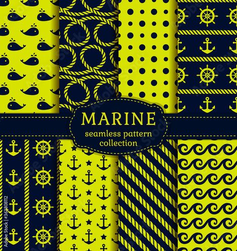 Set of sea and nautical backgrounds in dark blue and green colors. Sea theme. Seamless patterns collection. Vector illustration.