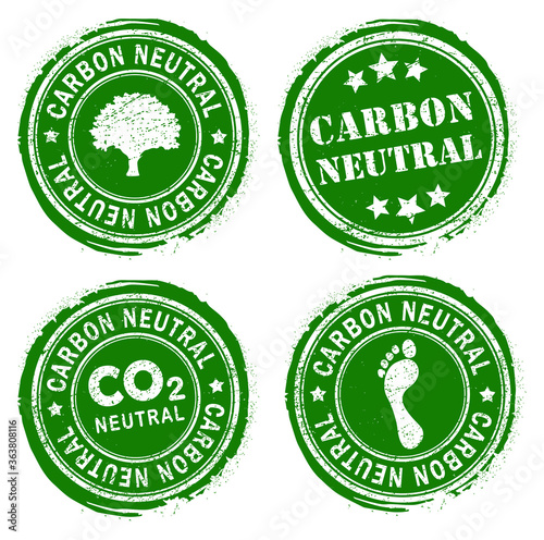 Carbon neutral green round retro style grunge seal set. Vector Illustration image. Isolated on white background. climate change ink rubber stamp. Eco, co2, nature. Ecology logo symbol collection.