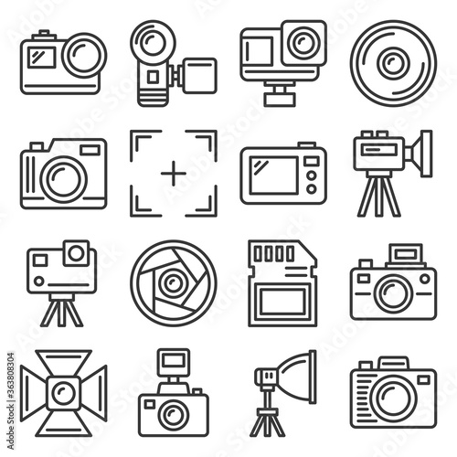 Action Camera and Photography Equipment Icons Set. Line Style Vector