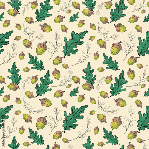Hand drawn seamless pattern. Autumn concept colorful illustration of oak leaves  acorns  branches