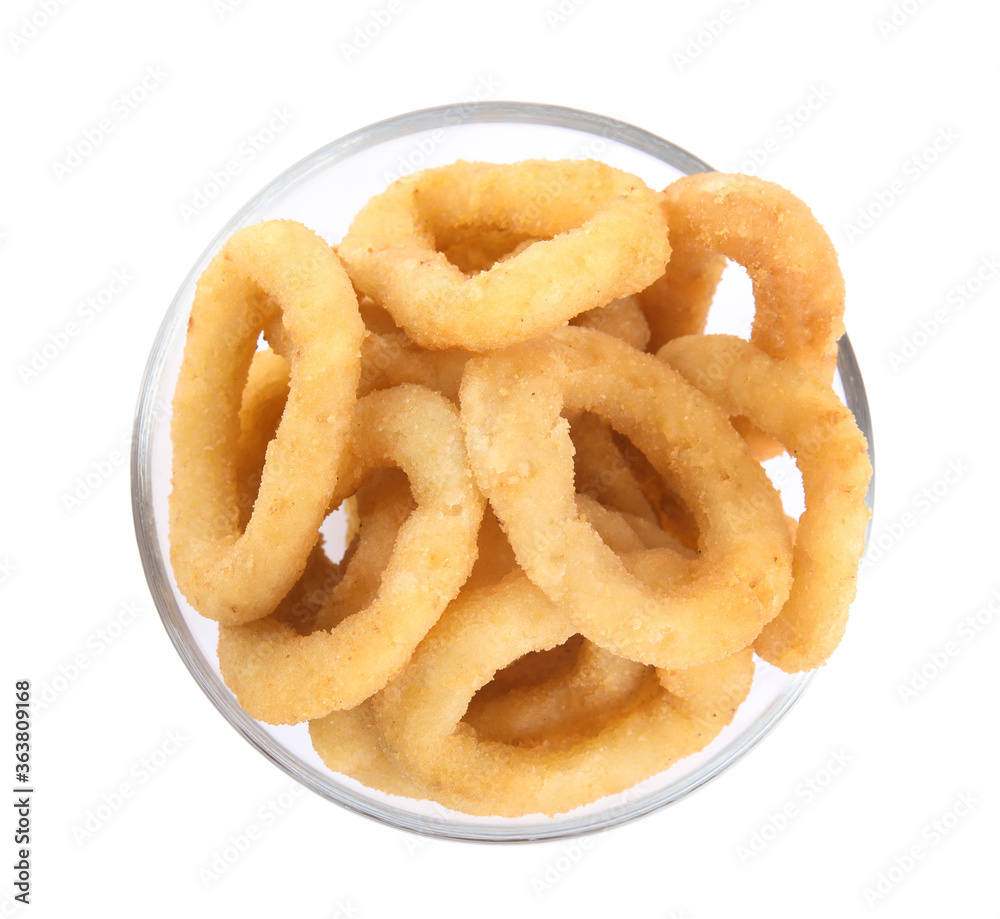 Delicious onion rings in bowl isolated on white, top view