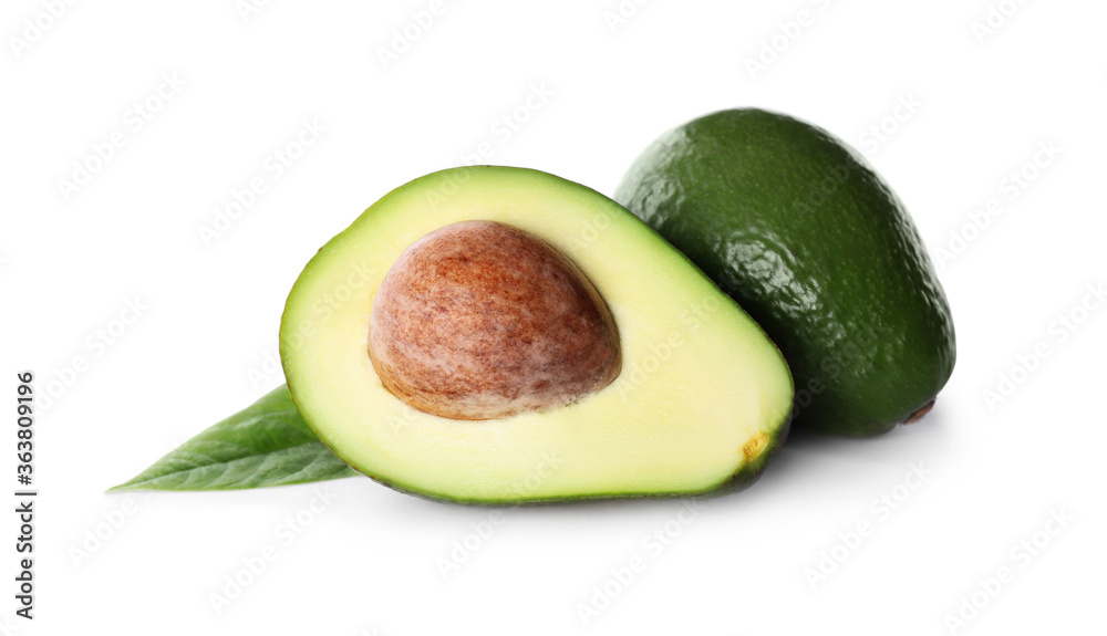 Whole and cut avocados isolated on white