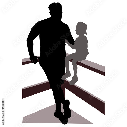 Vector black and gray silhouettes of father and son for a walk. A little boy sits on railing, a man stands nearby and supports him with his hand. People in baseball caps visor back, isolated on white