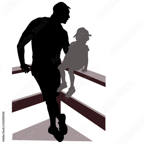 Vector black and gray silhouettes of father and son for a walk. A little boy sits on railing a man stands nearby and supports him with his hand. People in baseball caps look down and into the distance