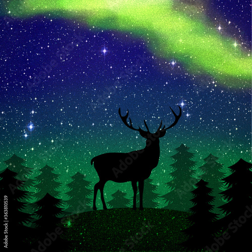 deer aurora polaris in the night forest wallpaper 