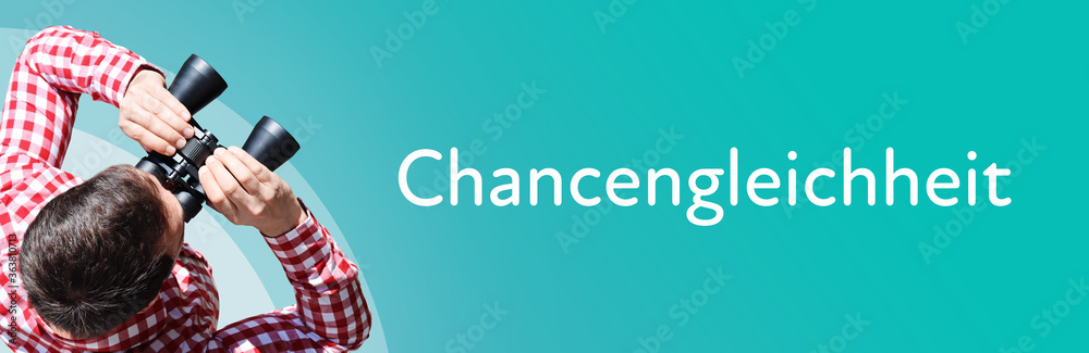 Naklejka premium Chancengleichheit. Mann mit Fernglas aus Vogelperspektive. Beobachtung, Draufsicht, Panorama. Business Text auf blau. Statistik, Wirtschaft