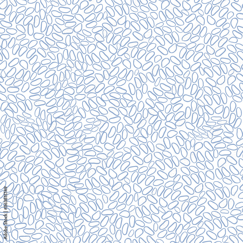 Seeds, rice, curls. Simple seamless blue and white pattern. Scandinavian style, design for wallpaper, fabric, textile,wrapping paper. Coloring page, book.