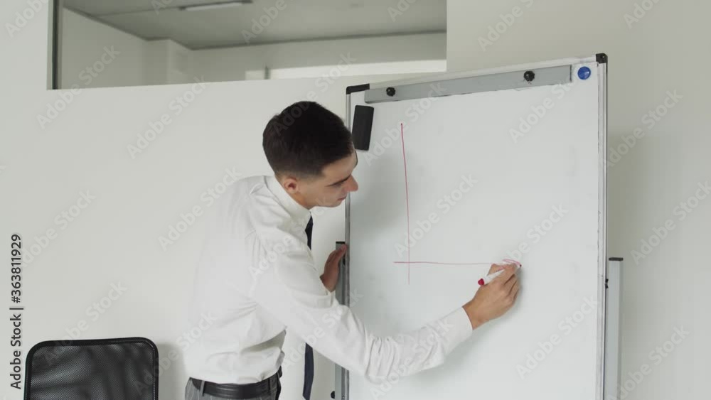 Lecturer conducts online lesson at whiteboard in front of a laptop indoors Lecturer conducts online lesson at whiteboard in front of a laptop indoors
