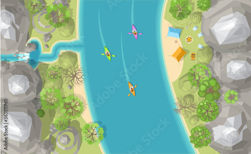 Camping with tents, fire and kayaks on the beach. Top view.