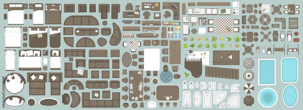 Icons set of interior. Furniture top view. Elements for the floor plan. (view from above). Furniture and elements for living room, bedroom, kitchen, bathroom, office.