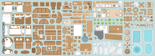 Icons set of interior. Furniture top view. Elements for the floor plan. (view from above). Furniture and elements for living room, bedroom, kitchen, bathroom, office.