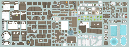 Icons set of interior. Furniture top view. Elements for the floor plan. (view from above). Furniture and elements for living room, bedroom, kitchen, bathroom, office.