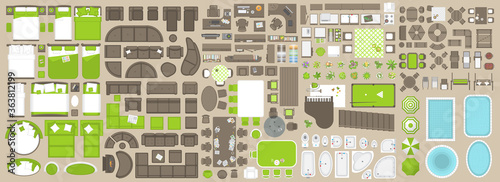 Icons set of interior. Furniture top view. Elements for the floor plan. (view from above). Furniture and elements for living room, bedroom, kitchen, bathroom, office.