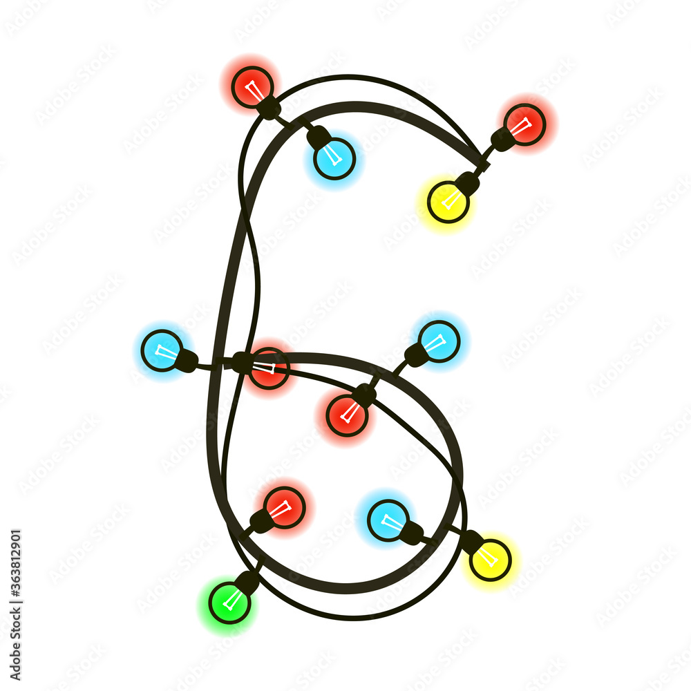 Christmas digit 6 from garland isolated on white. Colored light bulbs on wires. Handwritten font for text or logo. Vector EPS 10. Christmas digit 6 from garland isolated on white. Colored light bulbs on wires. Handwritten font for text or logo. Vector EPS 10.