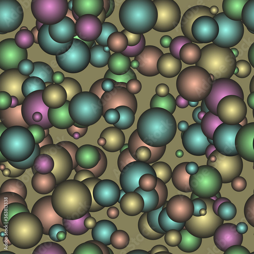 Vector seamless geometric pattern of the balls with a gradient fill with metal shades. Molecules of different sizes and colors. Vector EPS 10.