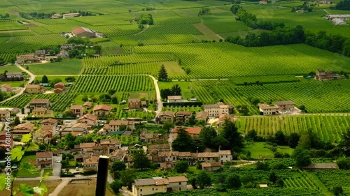 View of Piave area between Prealps and Montello hill with green Prosecco vineyards