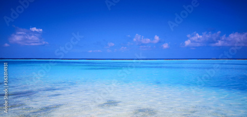 Tropical Maldives beach with white sand and blue sky.