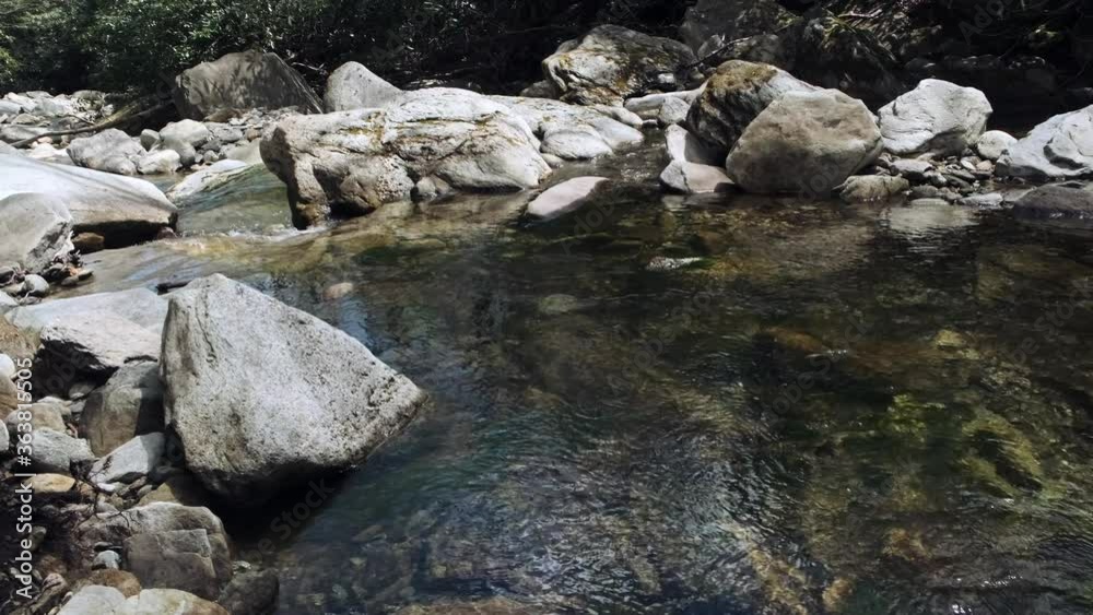 Tranquil landscape scene of fresh clean clear shallow pool of spring water by boulders in natural forest, close up handheld pan right Tranquil landscape scene of fresh clean clear shallow pool of spring water by boulders in natural forest, close up handheld pan right