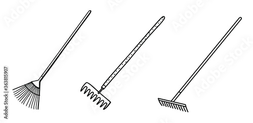  Garden tools set: earth rake for loosening the soil, isolated on a white background. Vector illustration in Doodle style. Vector illustration