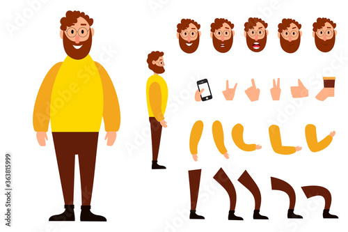 A cartoon character. A character set for your animation. A smiling man in a yellow sweater.