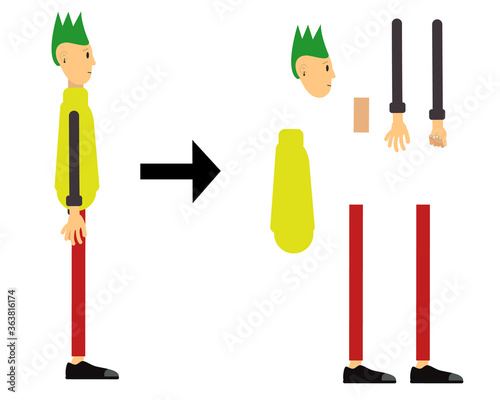 Hipster man. Vector character ready for gait animation. Set of body parts.