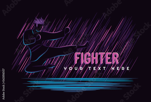 Karate air kick. Martial arts. neon color glow in the dark. Vector illustration.