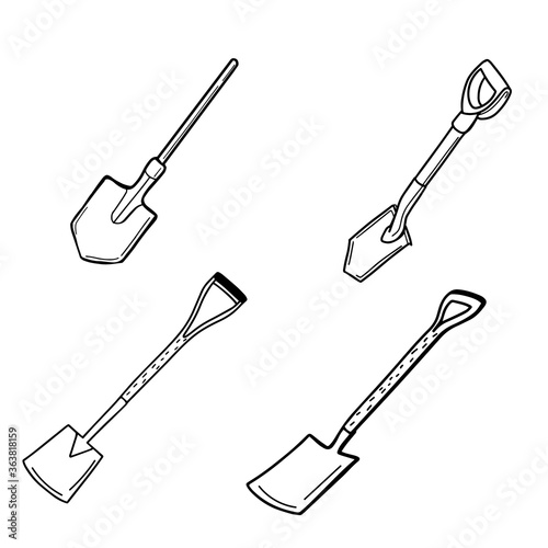 A set of shovels isolated on a white background. Tourist and a garden spade for excavation.A tool for digging up land and transplanting plants. Vector illustration in Doodle style