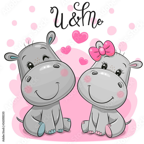 Cute Cartoon Hippos on a pink background