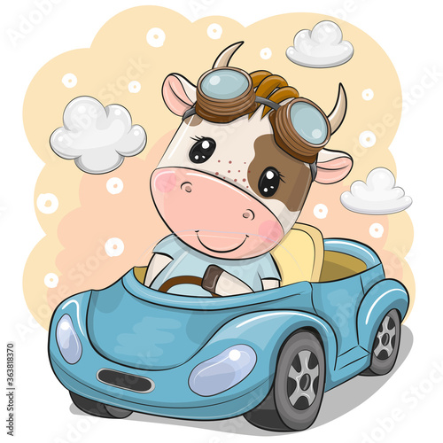 Cartoon Bull in glasses goes on a Blue car