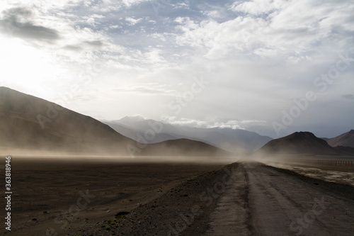 Pamir highway. Marco Polo silk road. Gorno Badakhsan province, Tajikistan. Central Asia Pamir Highway leads from Kyrgyzstan to Murghab via Wakhan valley to Khorog (Afgan border) and then to Dushanbe. photo
