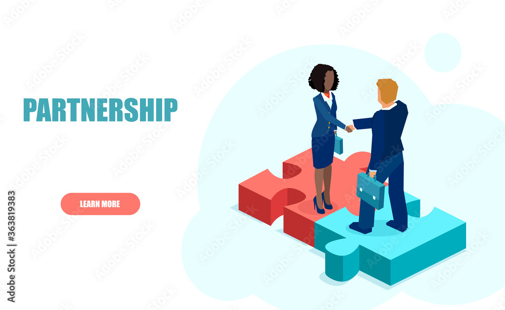 Vector of a business man handshaking with businesswoman standing on puzzle pieces