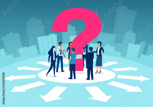 Vector of a business team standing at crossroads with question sign discusses the strategy future path