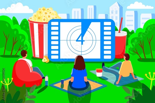Open air cinema outdoor movie theater in summer park people watching movie in open-air cinema. Film festival events and entertainment vector illustration concept