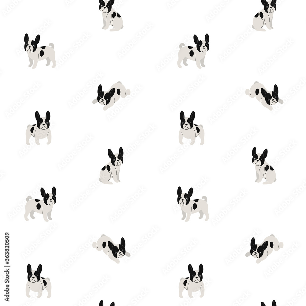 Cartoon happy French bulldog - simple trendy pattern with dogs. Flat vector illustration for prints, clothing, packaging and postcards. 