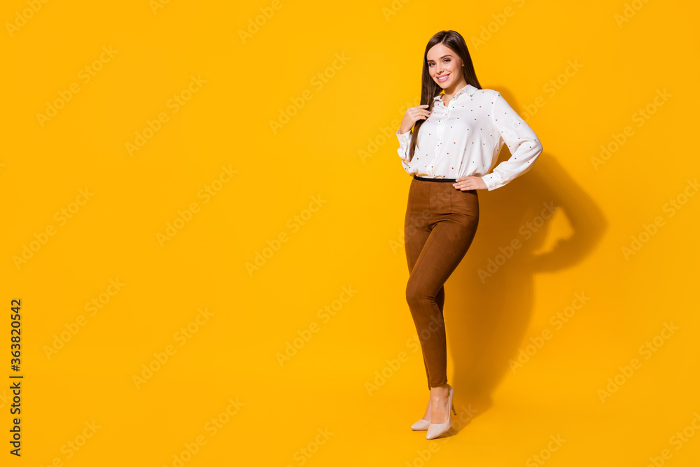 Full body photo of nice pretty millennial girl stand empty space enjoy free time holiday walk wear stylish clothes isolated over bright color background Full body photo of nice pretty millennial girl stand empty space enjoy free time holiday walk wear stylish clothes isolated over bright color background